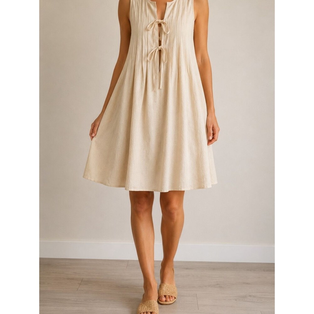 Beige Sleeveless Linen Blend Tie Front Mini Dress Women's Sz M Coastal Vacation